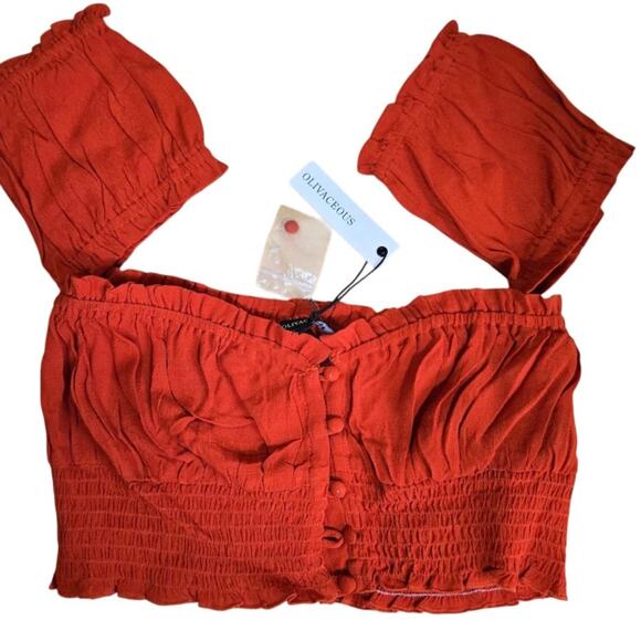 Olivaceous‎ Rust Off-Shoulder Smocked Crop Top – Size L – NWT3 - Picture 3 of 7